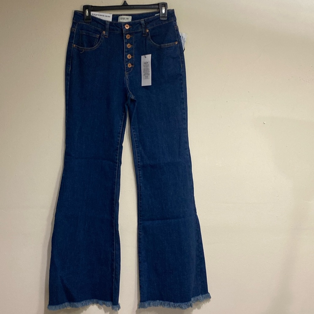 C’EST TOI MID RISE BUTTON DOWN WIDE FLARE JEANS